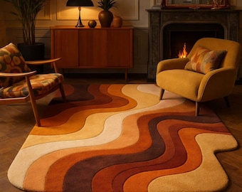 Retro Mid Century Shag Rug – 70s Geometric Orange Yellow Area Carpet, Vintage Plush Floor Mat for Living Room & Boho Decor