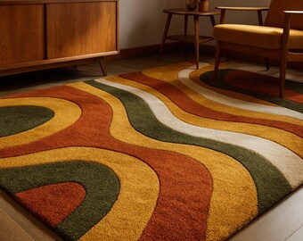 Hand-Tufted Wool Rug – Retro Abstract Sculptural Design Teppich, Retro Geometric Rug | Mid Century Modern Wool Tufted Carpet