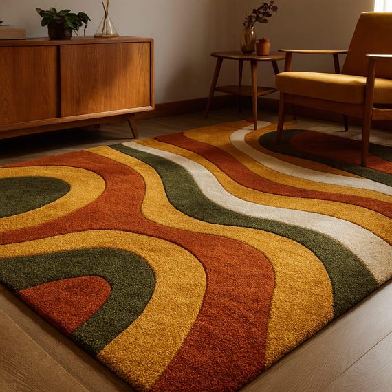 Hand-Tufted Wool Rug – Retro Abstract Sculptural Design Teppich, Retro Geometric Rug | Mid Century Modern Wool Tufted Carpet