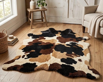 Handmade Tufted Rug, Rustic Farmhouse Decor, Cowhide Shape Rug, Soft Accent Rug
