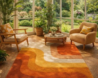 Retro Mid Century Shag Rug – 70s Geometric Orange Yellow Area