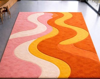 Retro Mid Century Shag Rug – 70s Geometric Orange Yellow Area Carpet, Vintage Plush Floor Mat for Living Room & Boho Decor