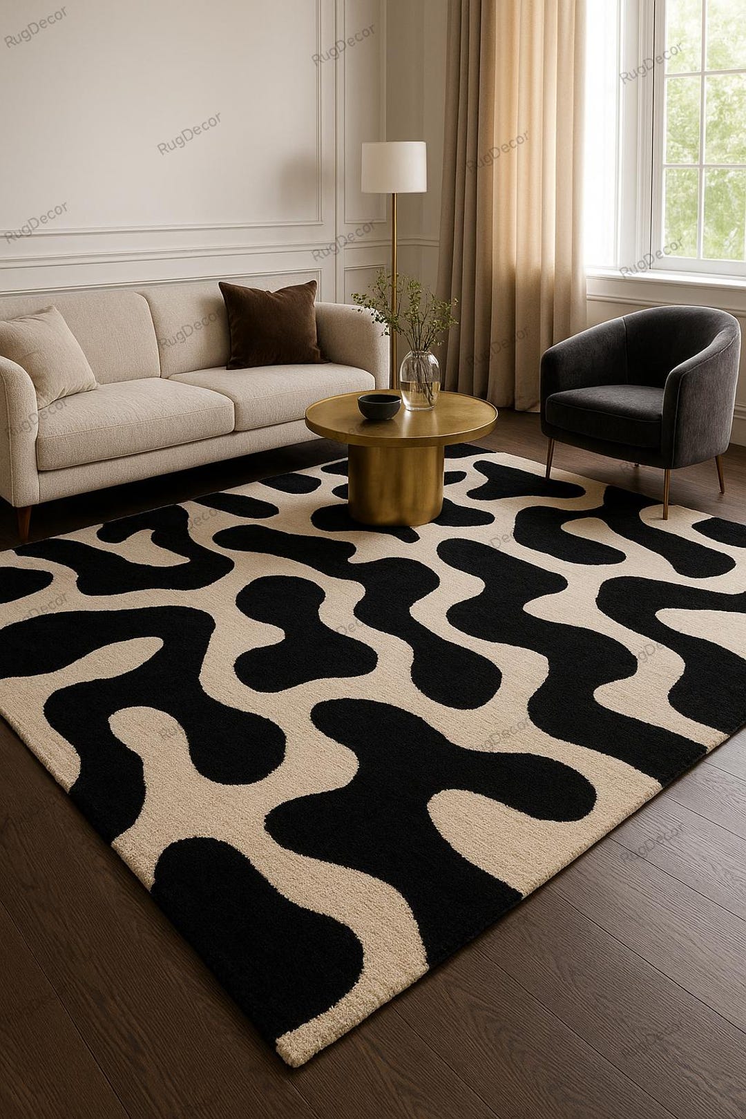 Modern Black and Cream Abstract Area Rug | Bold Wavy Pattern Carpet ...