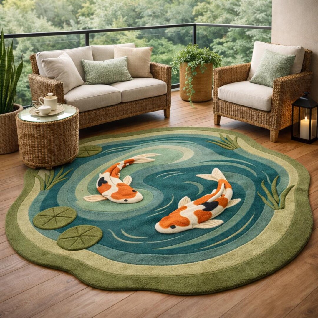 Red Koi Rug Hand Tufted Wool Koi Fish Rug, Round Pond Rug, Japanese Koi Carp Area ...