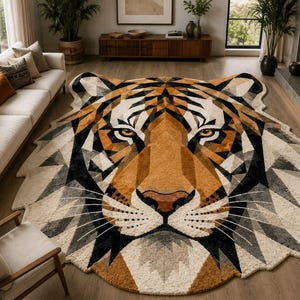 Tiger Head Rug Hand Tufted Wool Rug Animal Shape Area Rug Geometric Tiger Carpet Modern Statement Rug Custom Wool Floor Rug LivingRoom Decor