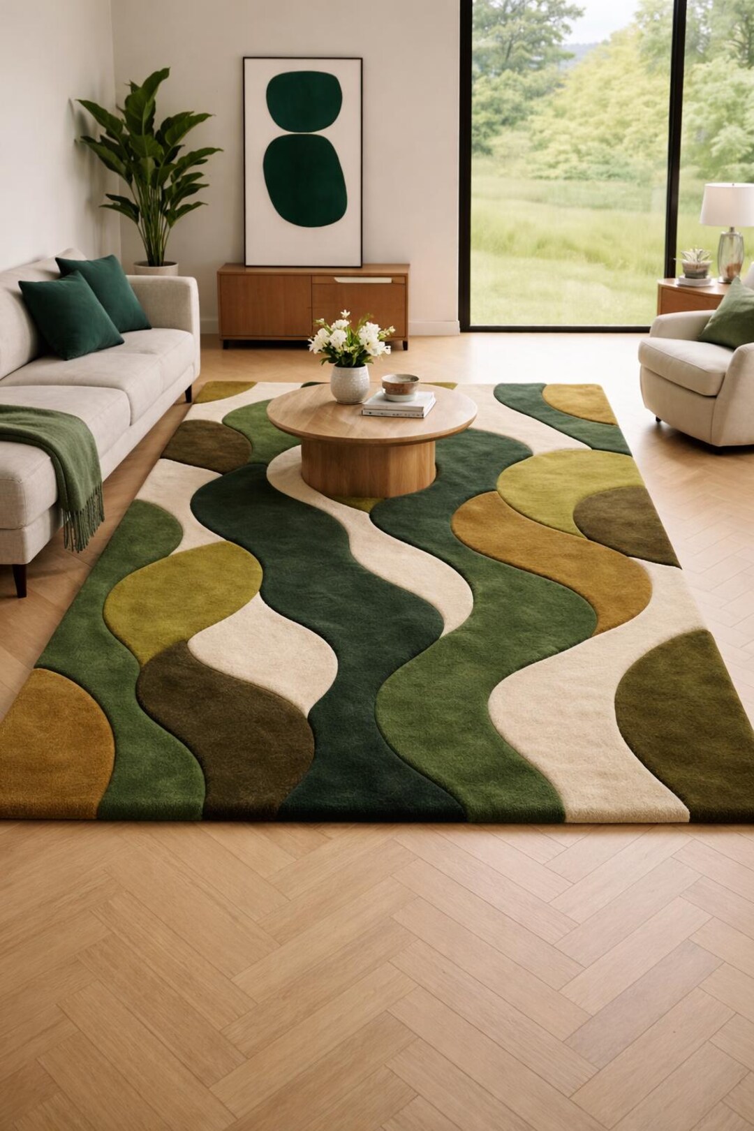 Hand Tufted Wool Rug, Abstract Green Rug, Modern Organic Shape Carpet ...
