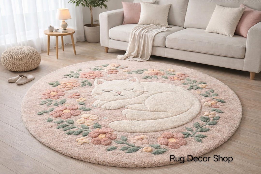 Hand Tufted Wool Cat Rug, Cute Round Kitty Rug, Floral Nursery Rug ...