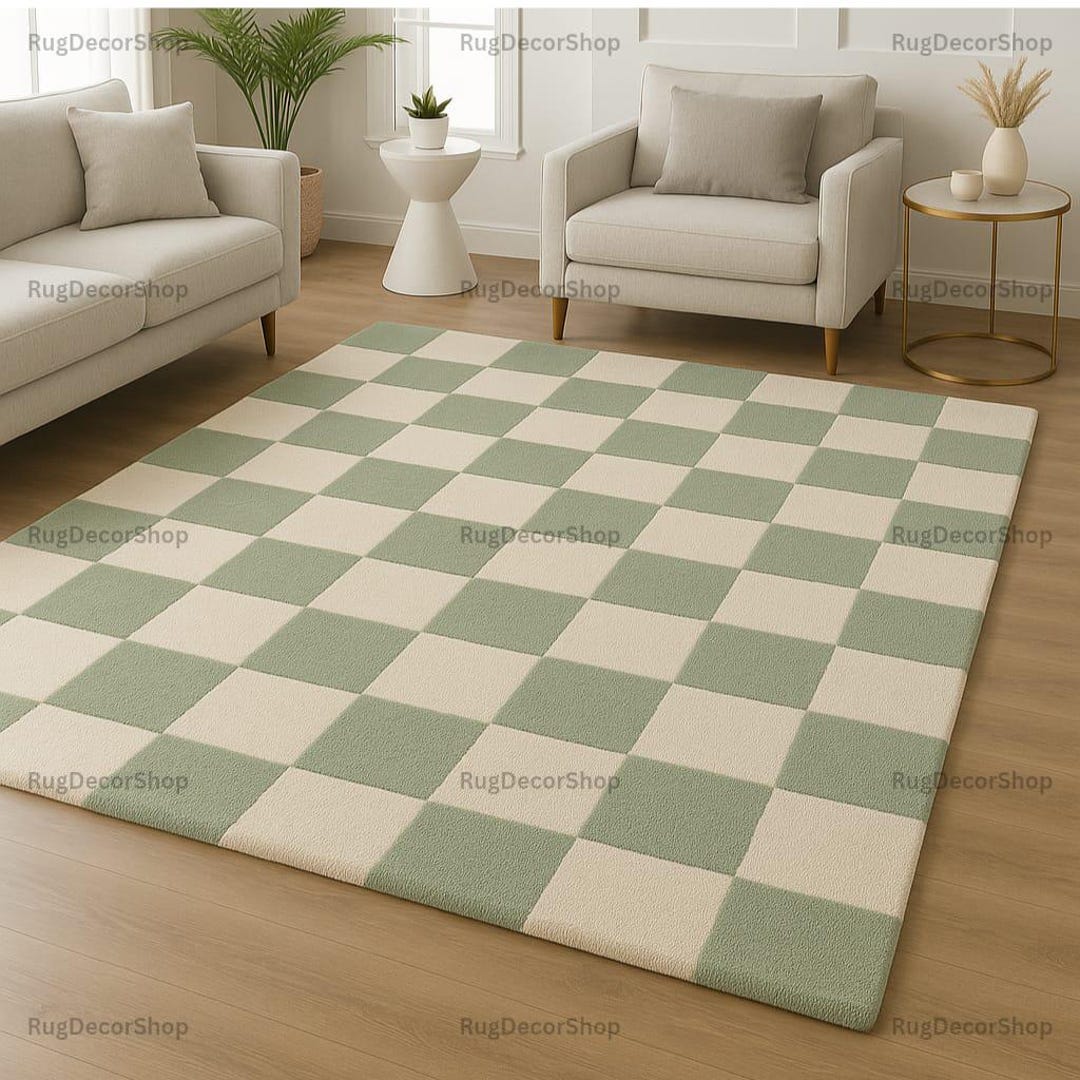 Chess Board Pattern Rug Sage Green and Ivory Checkered Rug – Modern Scandinavian Rectangular ...