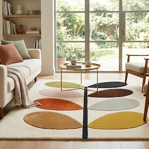 Hand Tufted Wool Rug, Scandinavian Floral Area Rug, Mid Century Modern Living Room Rug, Colorful Leaf Pattern Wool Carpet