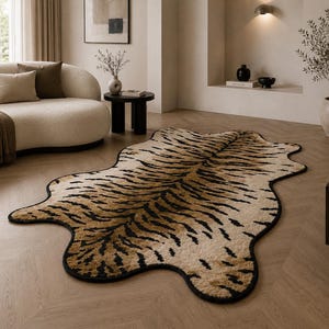 Könnte beinhalten: Ein tigergestreifter Teppich in Beige und Schwarz mit einer unregelmäßigen Form. Der Teppich hat einen schwarzen Rand und liegt auf einem hellen Holzboden. Er ist ein dekoratives Element in einem Wohnzimmer.