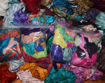 4oz Sari Silk Fabric Remnants/Scraps Mixed Media Felting Spinning Silk Paper Weaving Crochet Fiber Textile Art Supply
