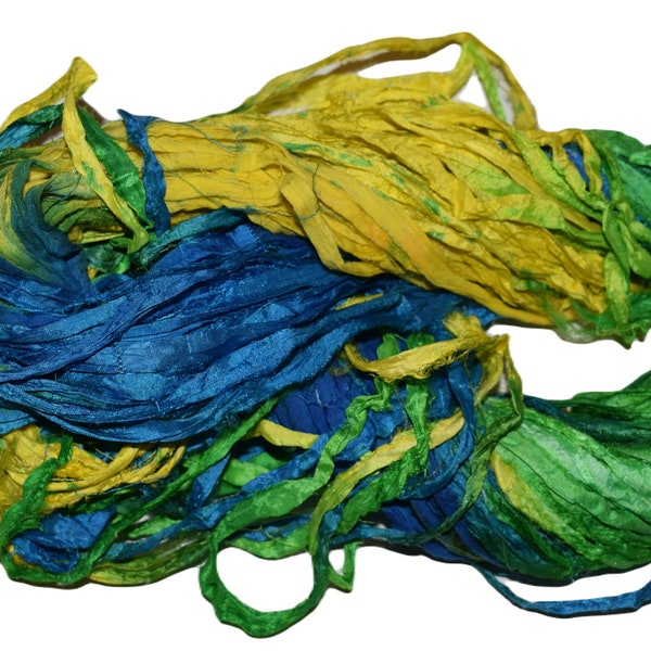 100g Recycled Sari Silk Ribbon Yarn, multi, Blue Yellow Green