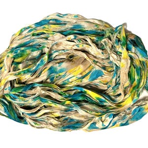 Recycled Sari Silk Ribbon Yarn, Sea Green Yellow Tie Dye