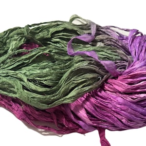 100g Recycled Sari Silk Ribbon Yarn, Lilac Green