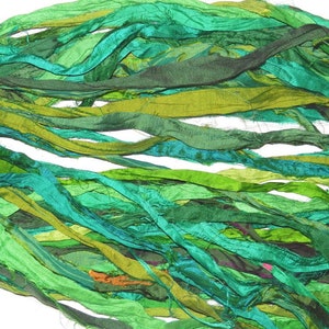 10 yards Recycled Sari Silk Ribbon Yarn, multi, Green multi