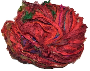100g Recycled Sari Silk Ribbon Yarn, Ruby Red Eyelash