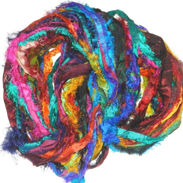 SALE SHINY Recycled Sari Silk Ribbon Yarn, multi Parrot1