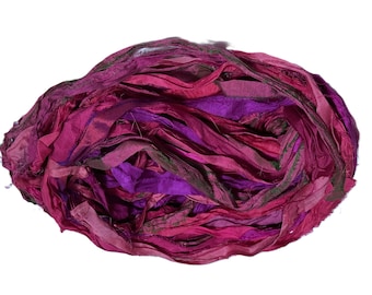 100g Recycled Sari Silk Ribbon Yarn, Raspberry multi