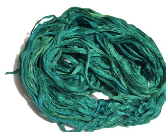 100g Recycled Sari Silk Ribbon Yarn, Green Aqua Kelly shade