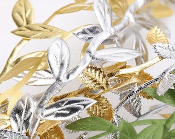 Green, Gold and Silver leaves Ribbon for Craft by yard  1/4" wide Leaf trim