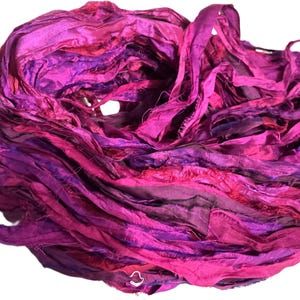 100g Recycled Sari Silk Ribbon Yarn, Bright Purple Violet multi