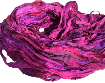 Tariff FREE 100g Recycled Sari Silk Ribbon Yarn, Bright Purple Violet multi