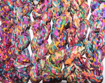 Braided Recycled Sari Silk Ribbon Yarn Multicolored, free shipping