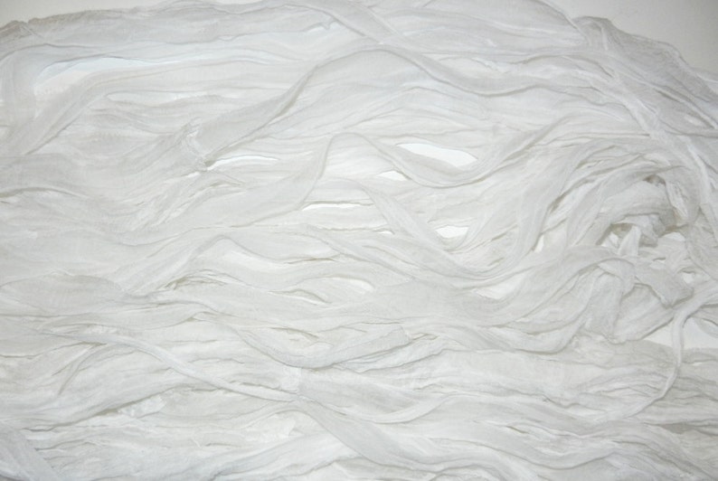 10 yards Clean Recycled Sari Silk Ribbon Yarn Off White Chiffon Silk