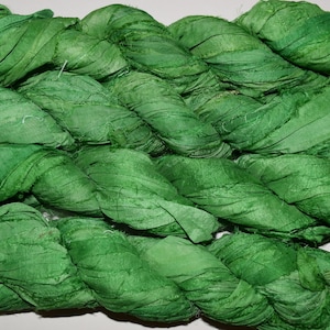 100g Recycled Sari Silk Ribbon Yarn, grass green