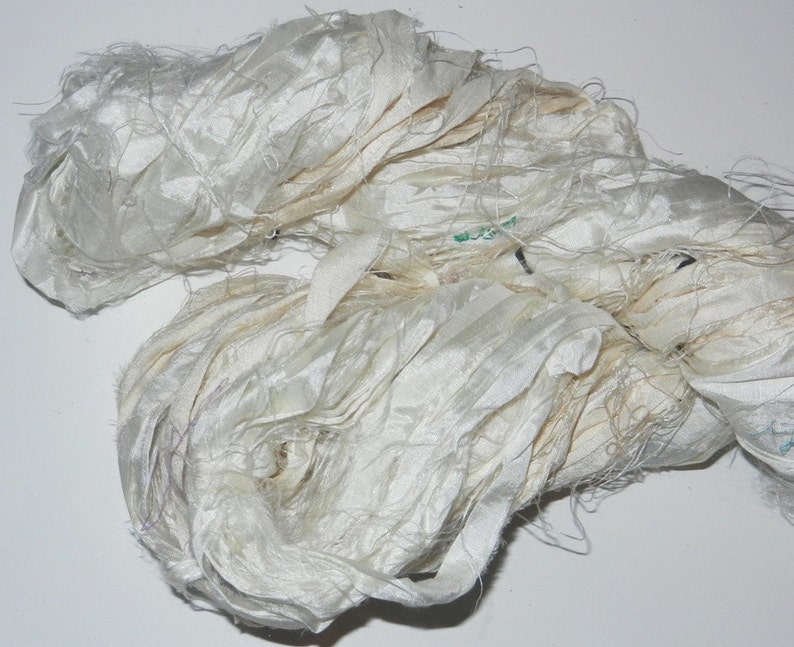 Recycled Sari Silk Ribbon Yarn, off White 60 yards image 1