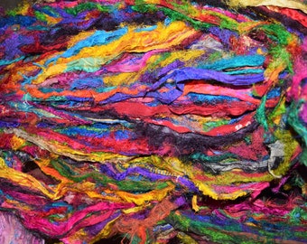 10 yards Fuzzy Recycled Sari Silk Ribbon Yarn, multi