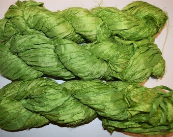 100g Recycled Sari Silk Ribbon Yarn,  lime green