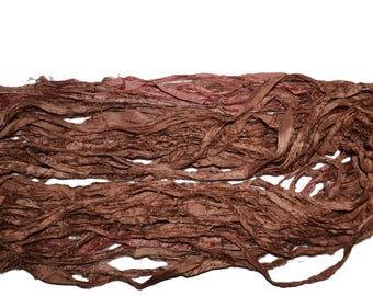Tariff FREE 10 yards Recycled Sari Silk Ribbon Yarn, chocolate brown