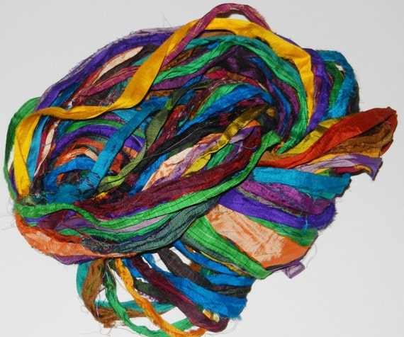Sari Pure Silk 100g Ribbon Yarn Multi Rainbow-Recycled Sari Silk Ribbon Yarn