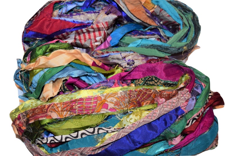 10 yards Recycled Sari Silk Ribbon Yarn Print Border multi