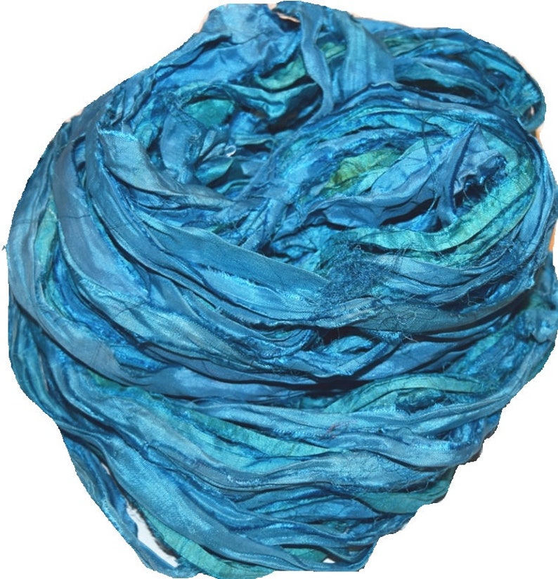 10 yards Recycled Sari Silk Ribbon Yarn,Green aqua for tassels,embellishment