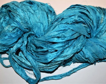 Free Shipping  Recycled Sari Silk Ribbon Blue Turquoise multi color, 3.5 oz / 100 grams