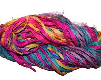 Recycled Sari Silk Ribbon Yarn, multi, Hot Pink Teal