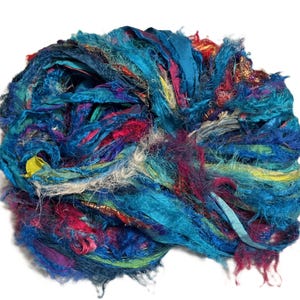100g Recycled Sari Silk Ribbon Yarn, Blue Eyelash