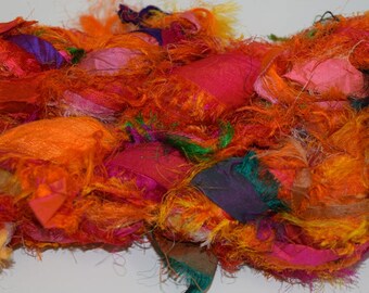 Recycled Sari Silk Ribbon Yarn, Fancy Orange