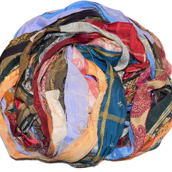 Recycled Sari Silk Ribbon Border Print Yarn 3.5 oz / 100 grams