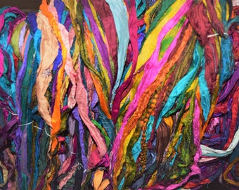 Tariff FREE Recycled Sari Silk Ribbon Yarn multi #17 color, free shipping for orders 35&up
