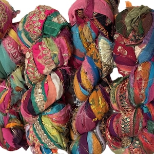 Tariff FREE Recycled Sari Silk Ribbon Yarn: Embellished Fiber Art, 50 Yards
