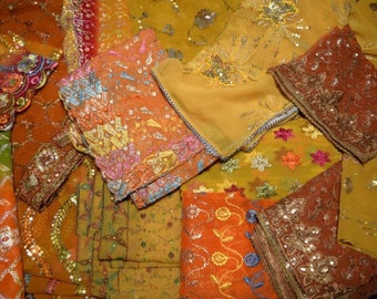 10 qty (8"X30") Orange Yellow shade Beaded fabric, Applique Fabrics, Doll art, Junk Journal Scrap fabric