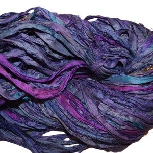 100g Recycled Sari Silk Ribbon Yarn, multi, Lilac Purple