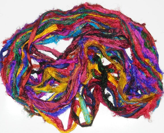 Sari Pure Silk 100g Ribbon Yarn Multi Rainbow-Recycled Sari Silk Ribbon Yarn