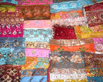 25 Sari Fabric Swatches: Vintage Embroidered Bohemian Applique
