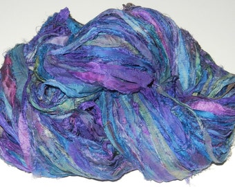 10 yards Recycled Sari Silk Ribbon Yarn, Purple bluish