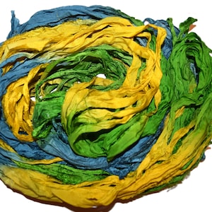 100g Recycled Sari Silk Ribbon Yarn, Green Gold multi