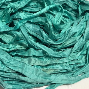 100g Sea Green Recycled Sari Silk Ribbon Yarn multi